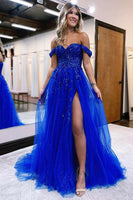 Load image into Gallery viewer, A Line Off the Shoulder Royal Blue Long Prom Dress with Split Front