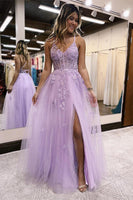 Load image into Gallery viewer, Lavender A-Line Spaghetti Straps Lace Long Prom Dress with Slit