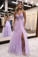 Load image into Gallery viewer, Lavender A-Line Spaghetti Straps Lace Long Prom Dress with Slit