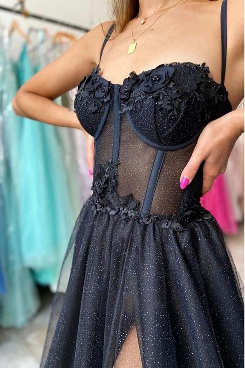 Hellymoon Women Black Tulle Corset Prom Dress with Slit Spaghetti