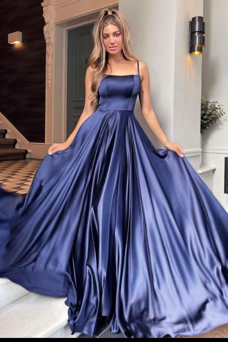 Load image into Gallery viewer, Green A Line Satin Prom Dress with Pockets