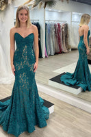 Load image into Gallery viewer, Green Mermaid Strapless Prom Dress with Lace