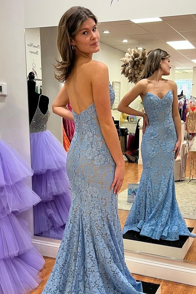 Load image into Gallery viewer, Green Mermaid Strapless Prom Dress with Lace