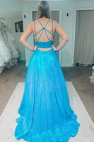 Load image into Gallery viewer, A Line Light Blue Sparkly Prom Dress with Hollow Out Back