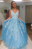 Load image into Gallery viewer, A Line Light Blue Princess Glitter Prom Dress with Appliques