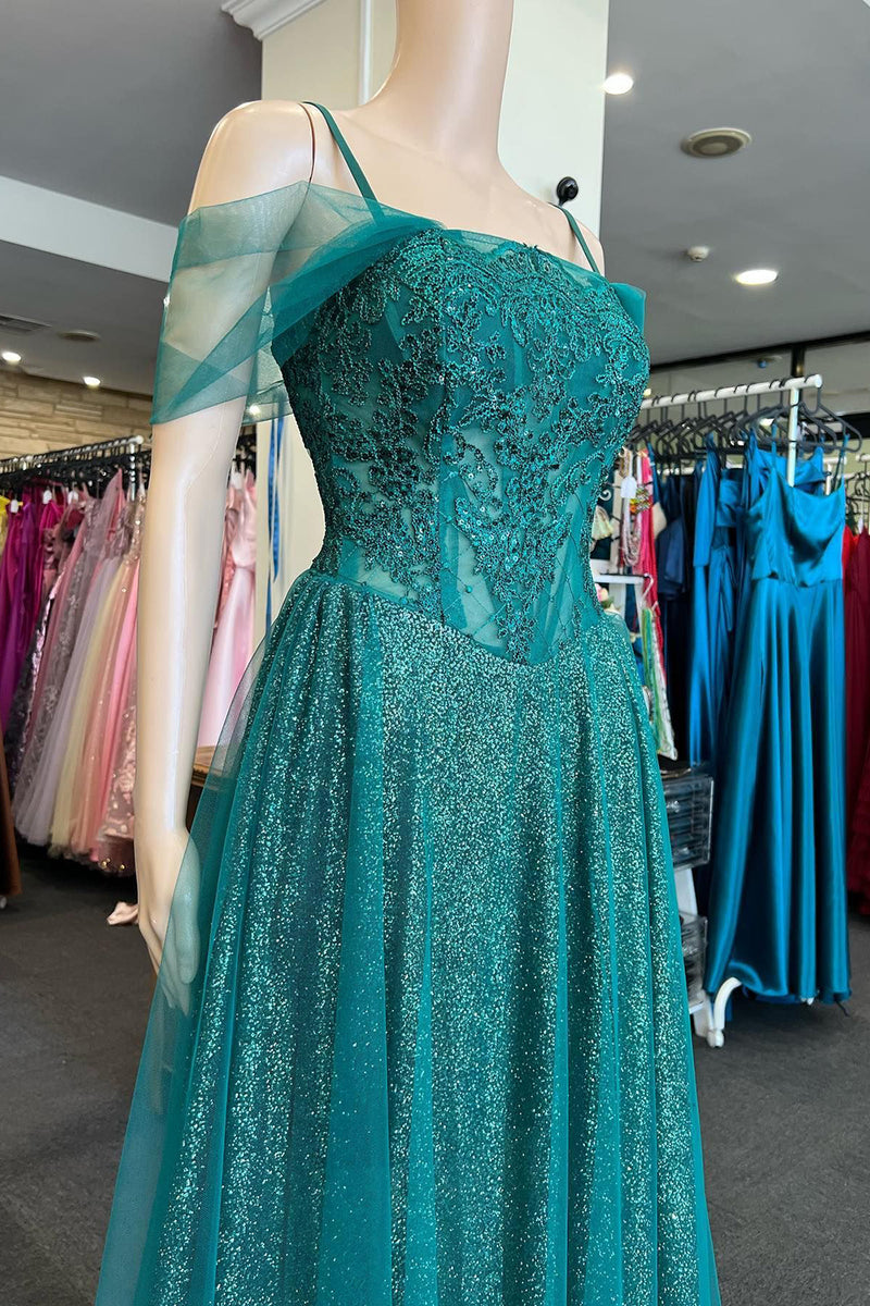 Load image into Gallery viewer, Off the Shoulder Green Sparkly Prom Dress with Beading