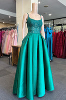 Load image into Gallery viewer, Green Satin Beaded Prom Dress with Pockets