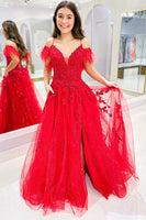Load image into Gallery viewer, Red Off the Shoulder Tulle Feathers Prom Dress with Slit