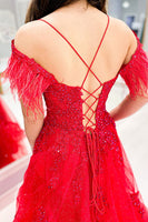 Load image into Gallery viewer, Red Off the Shoulder Tulle Feathers Prom Dress with Slit