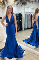 Load image into Gallery viewer, Light Green Mermaid V-Neck Satin Simple Prom Dress