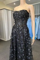 Load image into Gallery viewer, A Line Black Strapless Corset Prom Dress with Appliques