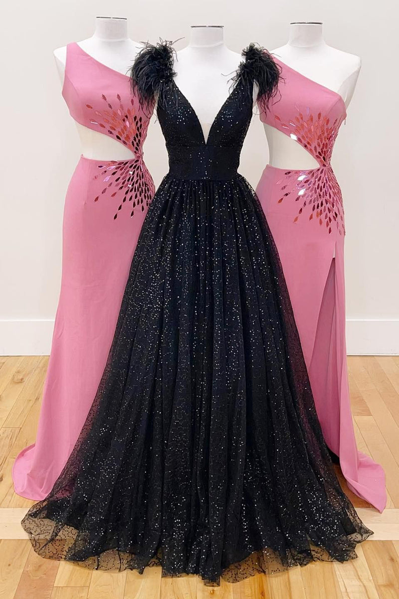 Load image into Gallery viewer, Glitter Black A Line Feathers Prom Dress with Slit