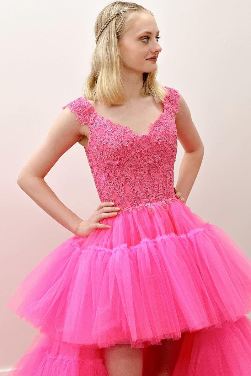 Load image into Gallery viewer, High-Low Pink Beading Princess Prom Dress