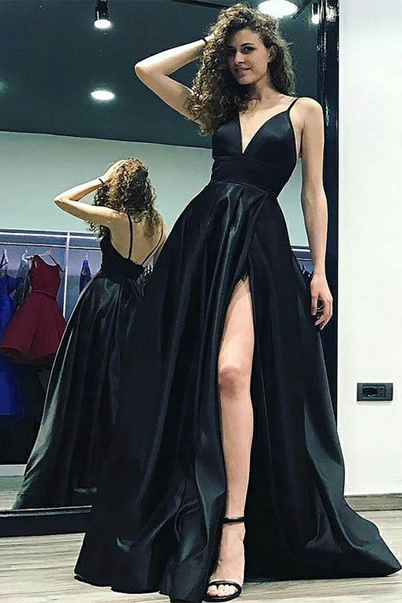 Load image into Gallery viewer, Black A Line Satin Prom Dress with Slit