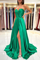 Load image into Gallery viewer, Satin A Line Strapless Green Prom Dress with Slit