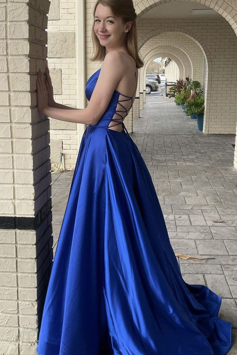 Load image into Gallery viewer, A Line Royal Blue Satin Prom Dress with Pockets