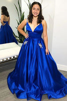 Load image into Gallery viewer, Spaghetti Straps Royal Blue Satin A Line Prom Dress with Bow Pockets