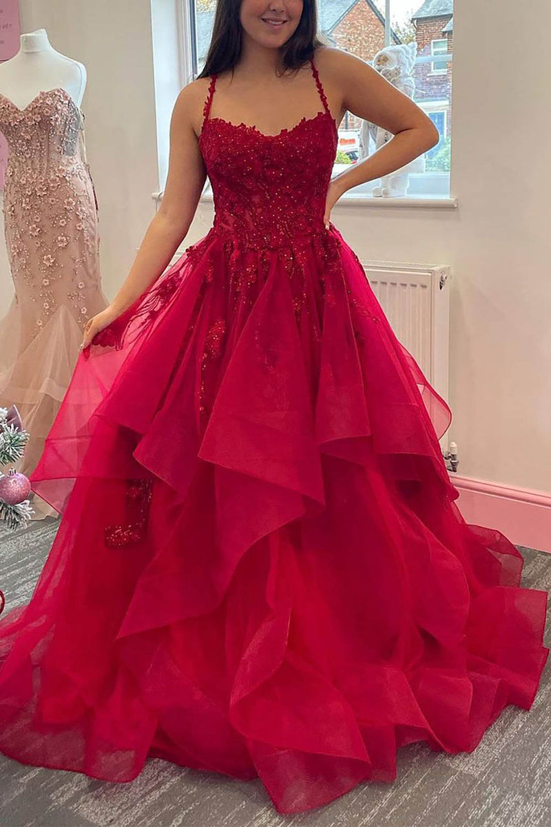 Load image into Gallery viewer, Red Layered Princess Prom Dress with Appliques