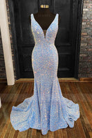 Load image into Gallery viewer, Sequins Blue Sparkly Mermaid Prom Dress