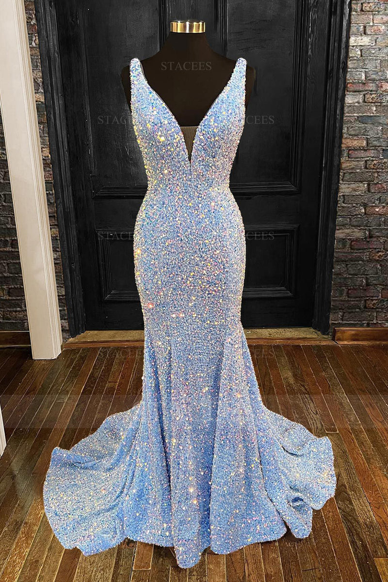 Load image into Gallery viewer, Sequins Blue Sparkly Mermaid Prom Dress