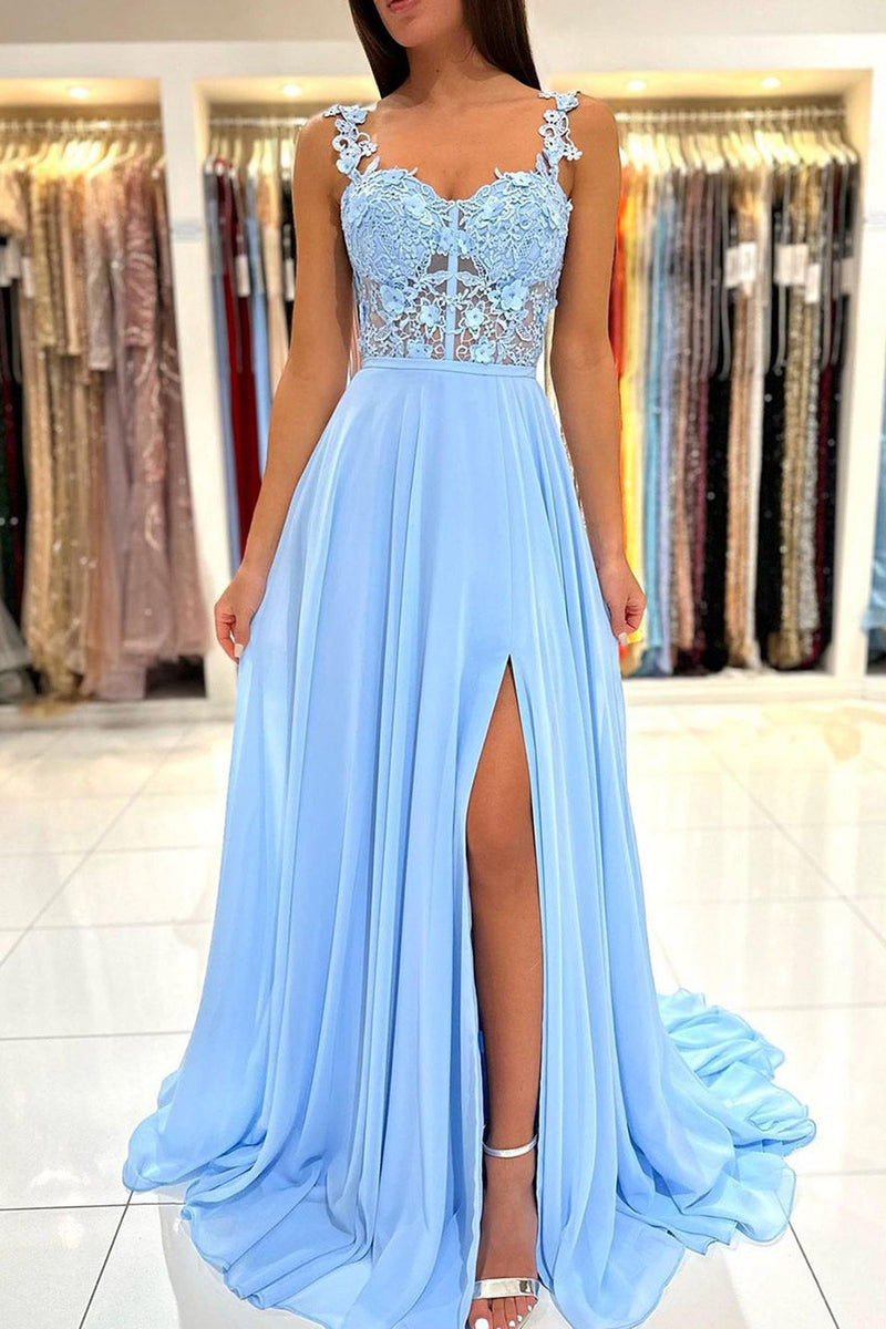 Load image into Gallery viewer, Blue Chiffon A Line Prom Dress with Appliques