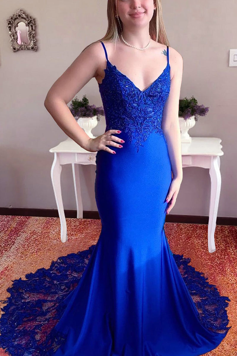 Load image into Gallery viewer, Spaghetti Straps Royal Blue Satin Mermaid Prom Dress with Appliques