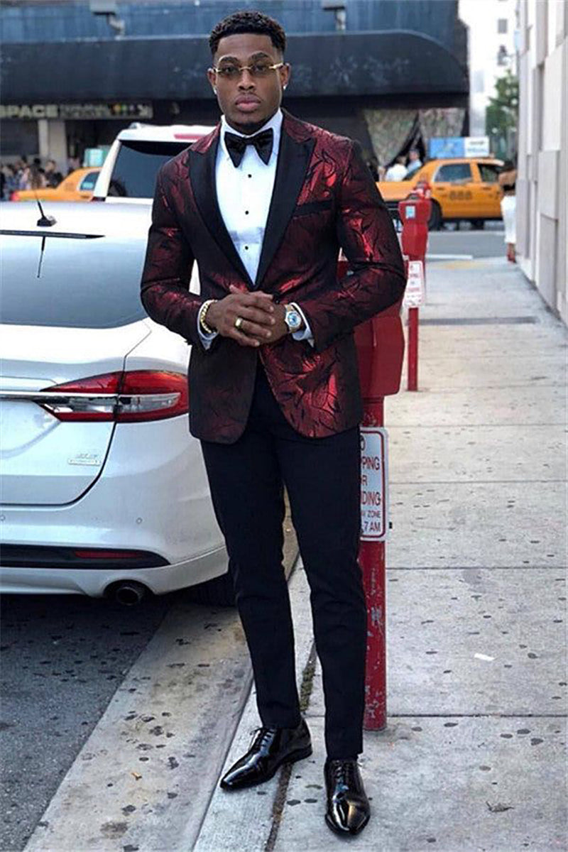 Load image into Gallery viewer, Peak Lapel Burgundy One Button Men's Prom Blazer