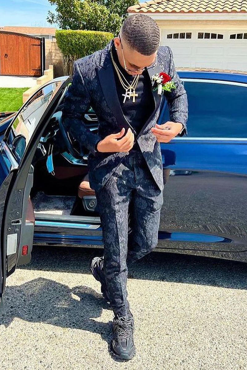 Load image into Gallery viewer, Peak Lapel Black Jacquard Men's Prom Suits