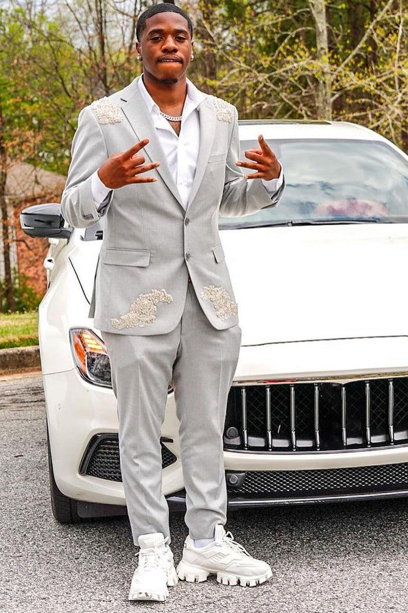 Load image into Gallery viewer, Grey Notched Lapel Beaded Men's Prom Suits