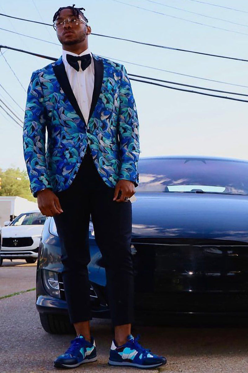 Load image into Gallery viewer, Peak Lapel Blue Print One Button Men's Prom Blazer