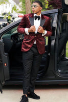 Load image into Gallery viewer, Peak Lapel Burgundy One Button Print Men's Prom Suits