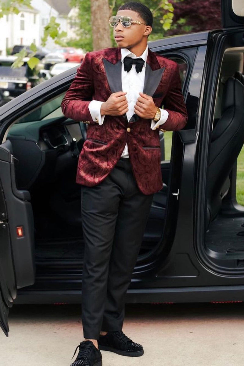Load image into Gallery viewer, Peak Lapel Burgundy One Button Print Men's Prom Suits