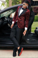 Load image into Gallery viewer, Peak Lapel Burgundy One Button Print Men's Prom Suits