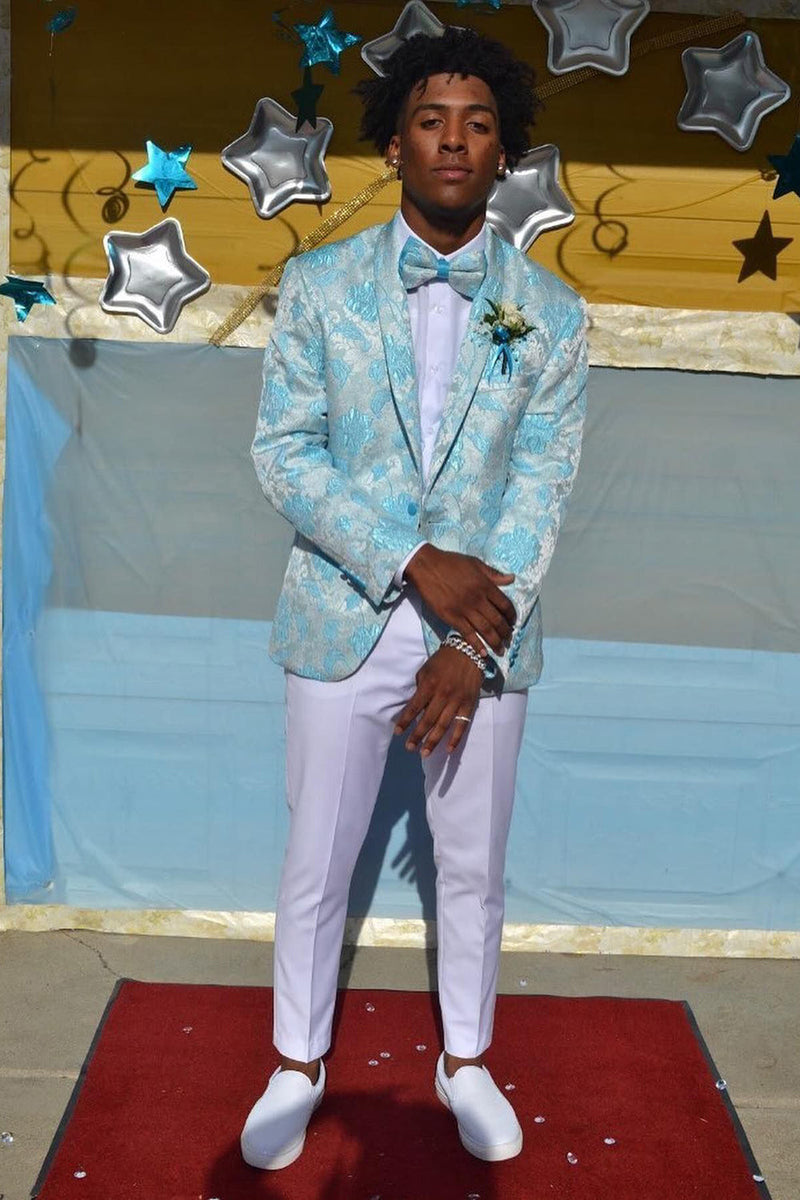 Load image into Gallery viewer, Shawl Lapel Jacquard One Button Light Blue Men's Prom Blazer