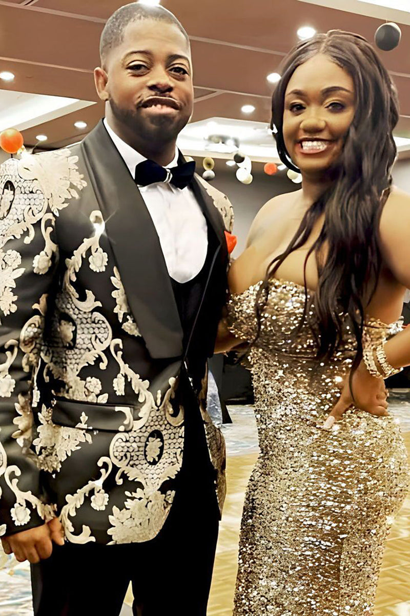 Load image into Gallery viewer, Shawl Lapel Black Golden Print Men's Prom Blazer