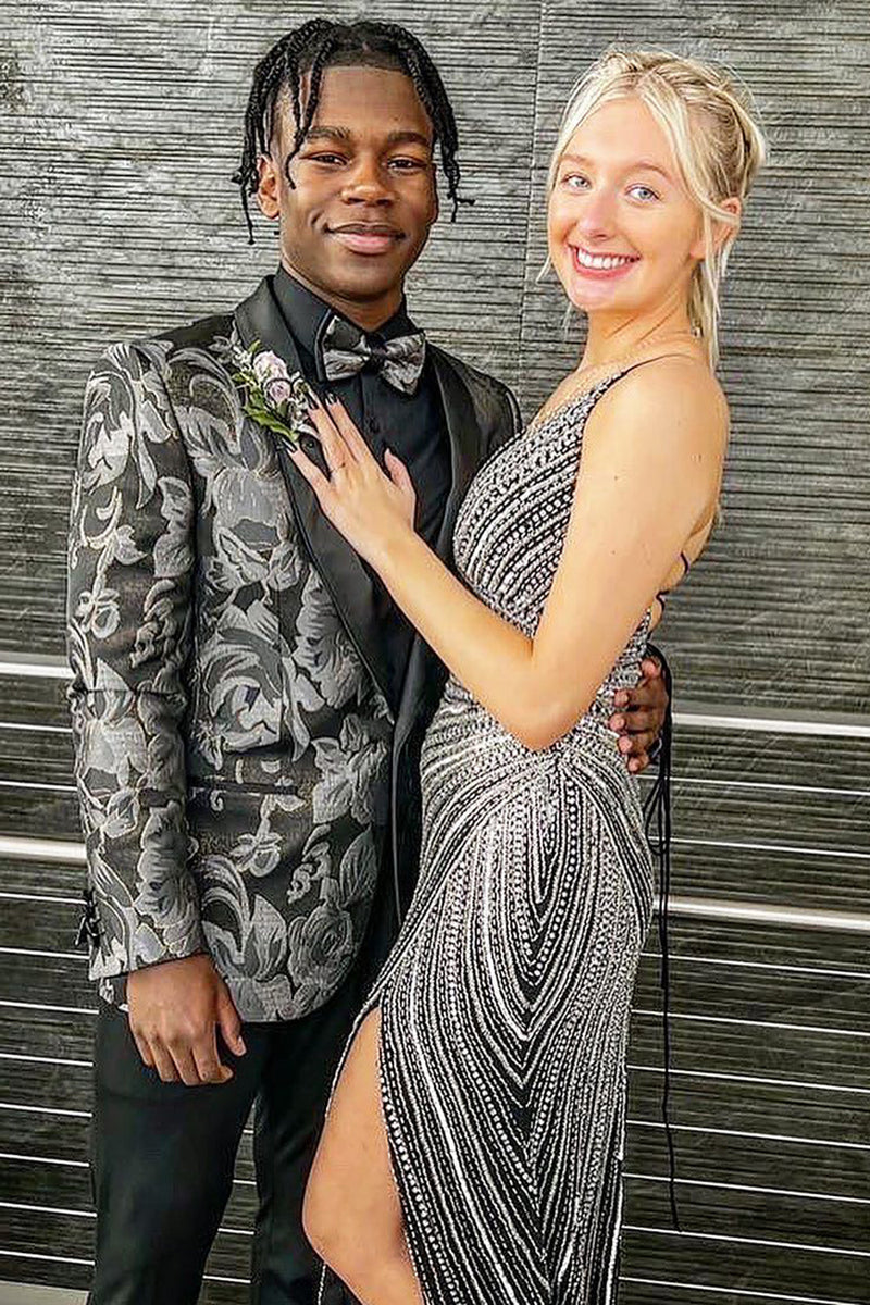 Load image into Gallery viewer, Shawl Lapel Black Print Men's Prom Blazer