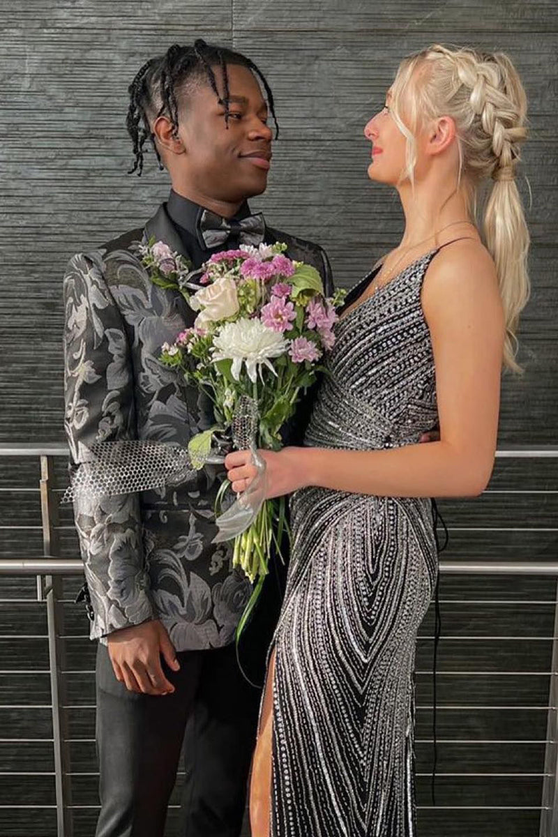 Load image into Gallery viewer, Shawl Lapel Black Print Men's Prom Blazer