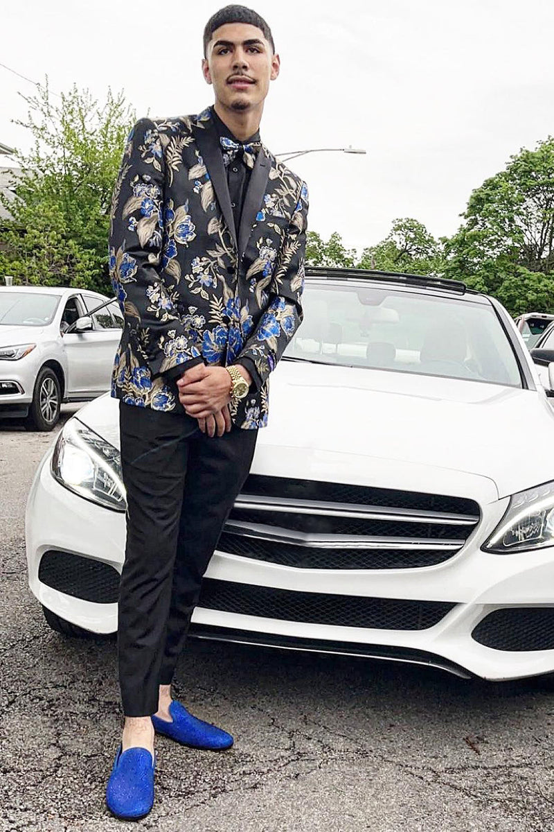 Load image into Gallery viewer, Slim Fit Peak Lapel Black Jacquard Men's Prom Blazer