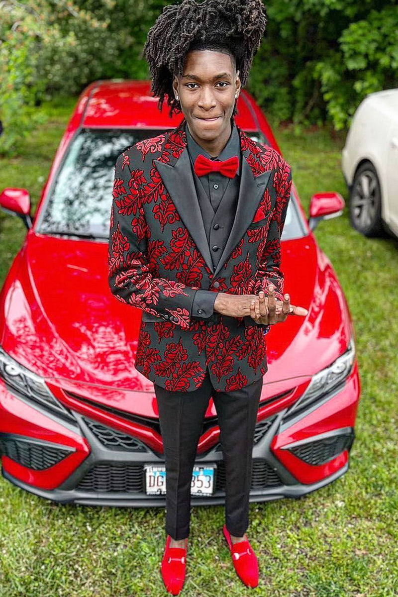 Load image into Gallery viewer, Peak Lapel Black Red Jacquard Men's Prom Blazer