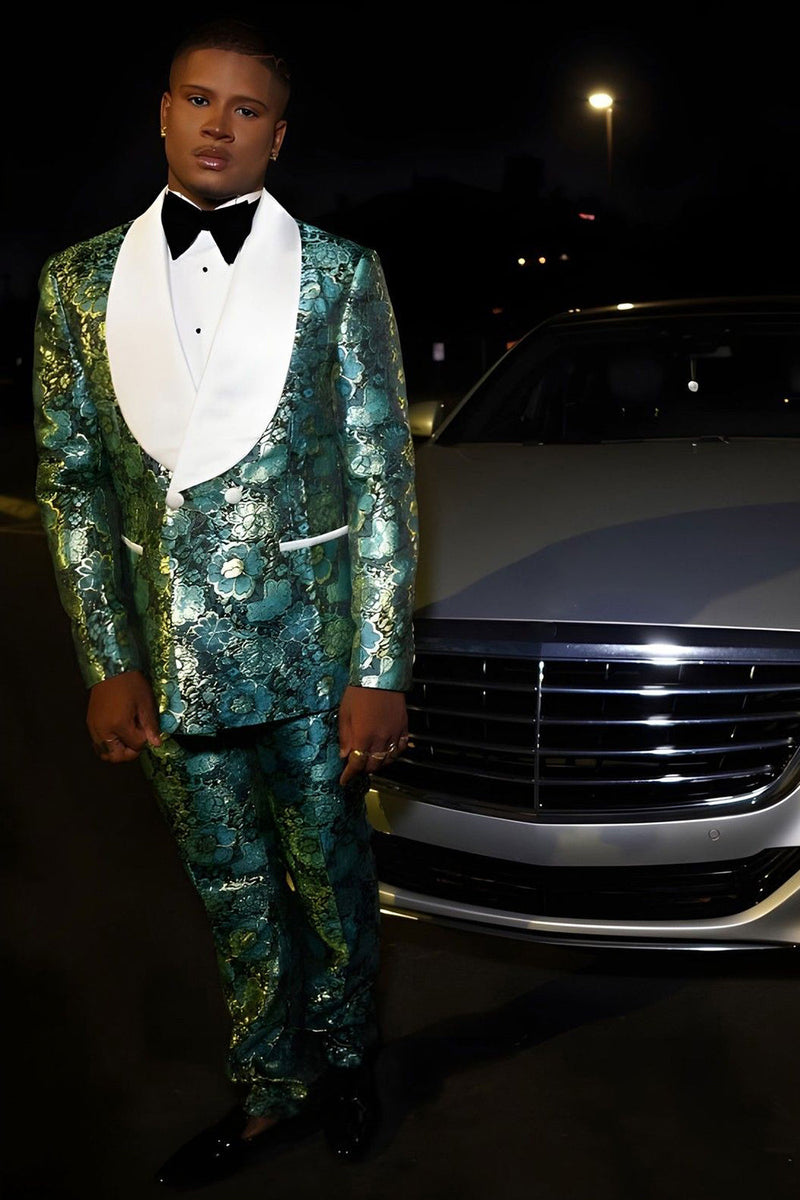 Load image into Gallery viewer, Slim Fit Shawl Lapel Green Jacquard Men's Prom Suits