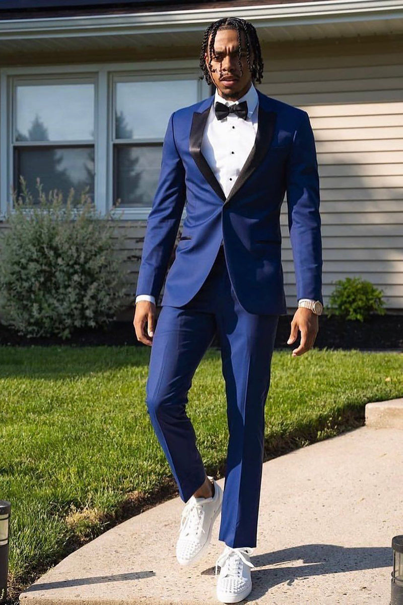 Load image into Gallery viewer, Slim Fit Peak Lapel One Button Blue Men's Prom Suits