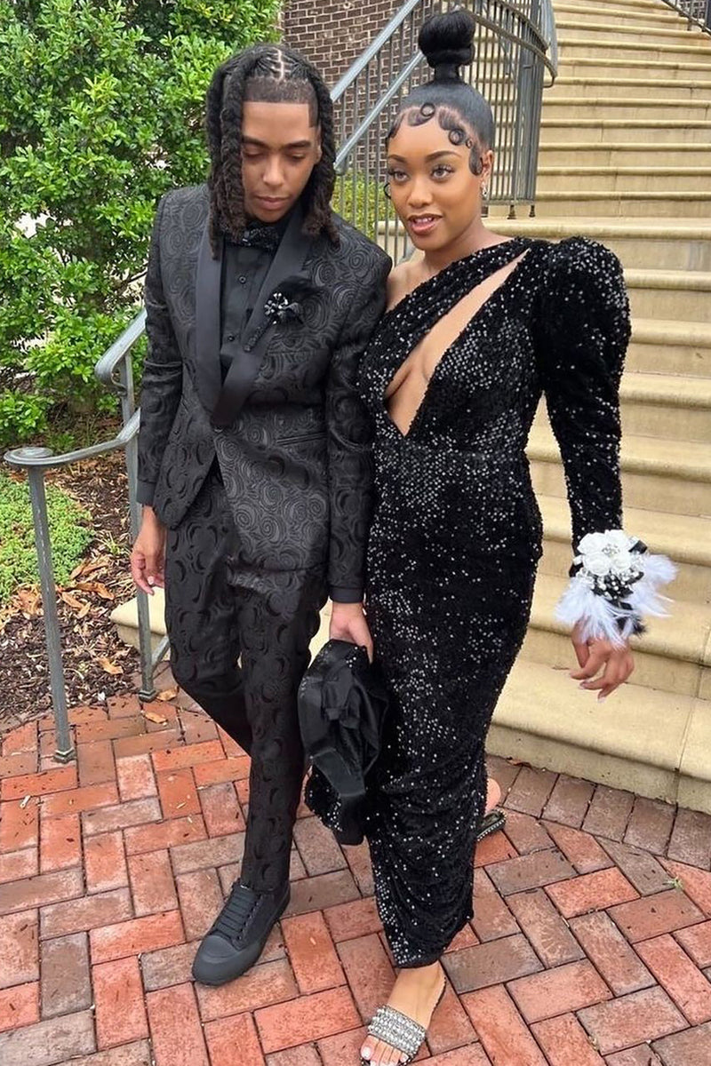 Load image into Gallery viewer, Black Shawl Lapel Jacquard 2 Piece Men's Prom Suits