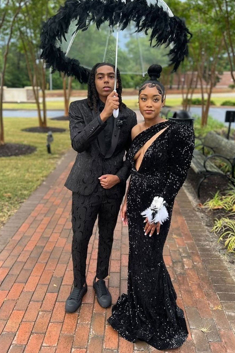 Load image into Gallery viewer, Black Shawl Lapel Jacquard 2 Piece Men's Prom Suits