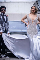 Load image into Gallery viewer, Silver Shawl Lapel Print Men's Prom Blazer