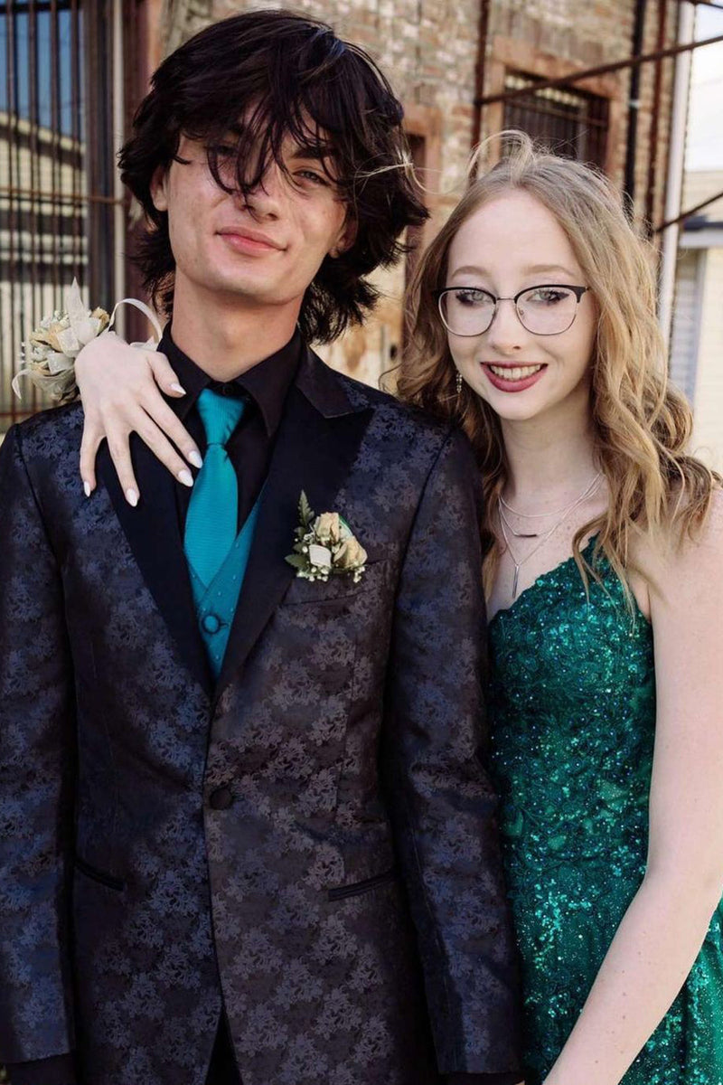 Load image into Gallery viewer, Black Peak Lapel Print Men's Prom Blazer