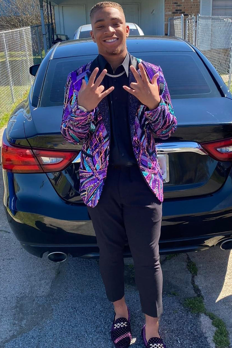 Load image into Gallery viewer, Purple Peak Lapel Sparkly Men's Prom Blazer