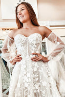 Load image into Gallery viewer, Ivory Lace A-Line Detachable Long Sleeves Corset Long Wedding Dress