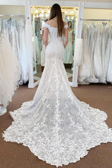 Ivory Off the Shoulder Long Lace Mermaid Wedding Dress