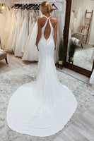 Load image into Gallery viewer, Simple White Halter Open Back Long Wedding Dress
