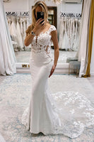Load image into Gallery viewer, White Mermaid Deep V-Neck Cap Sleeves Long Wedding Dress with Lace